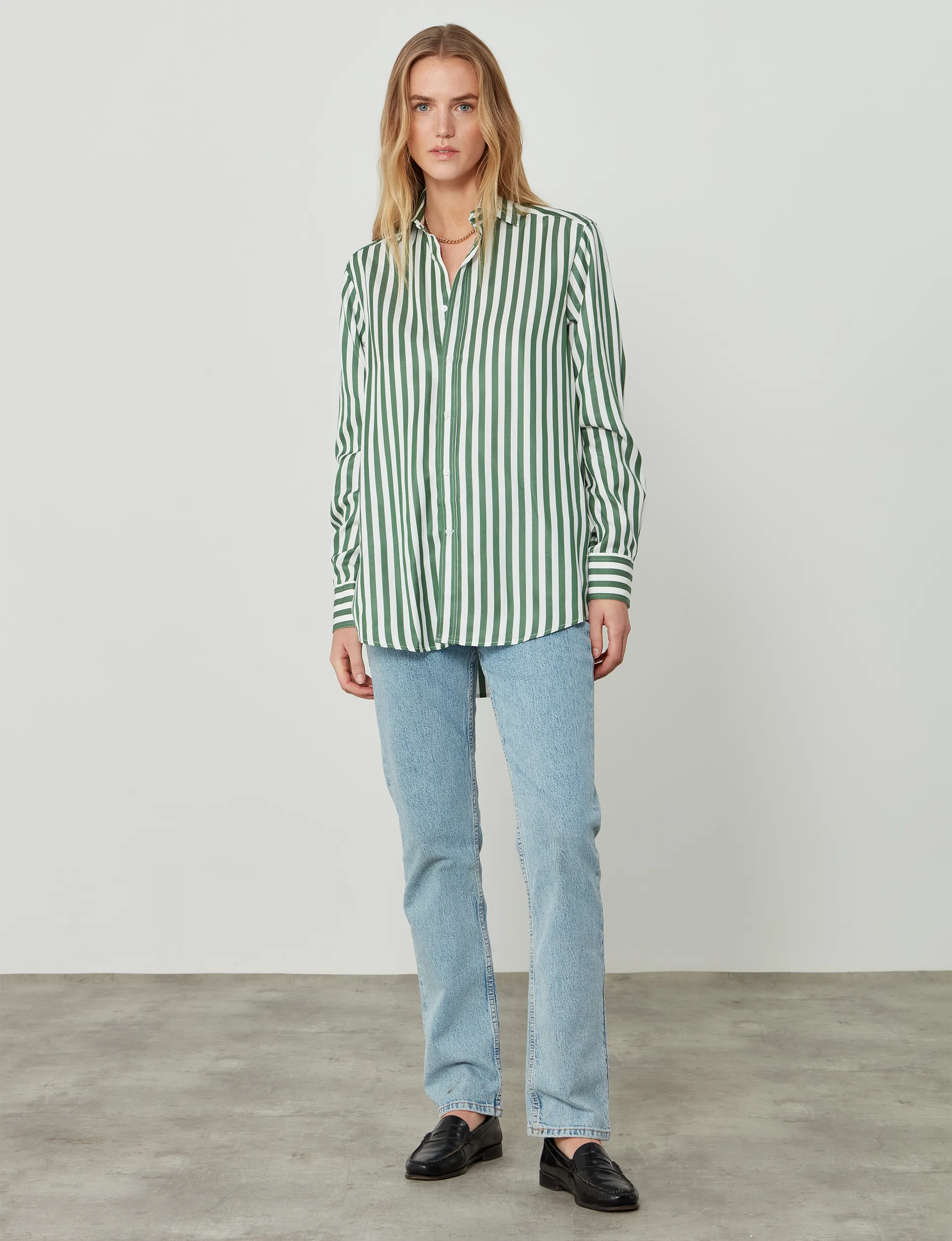 The Boyfriend: Tencel, Forest Green Stripe