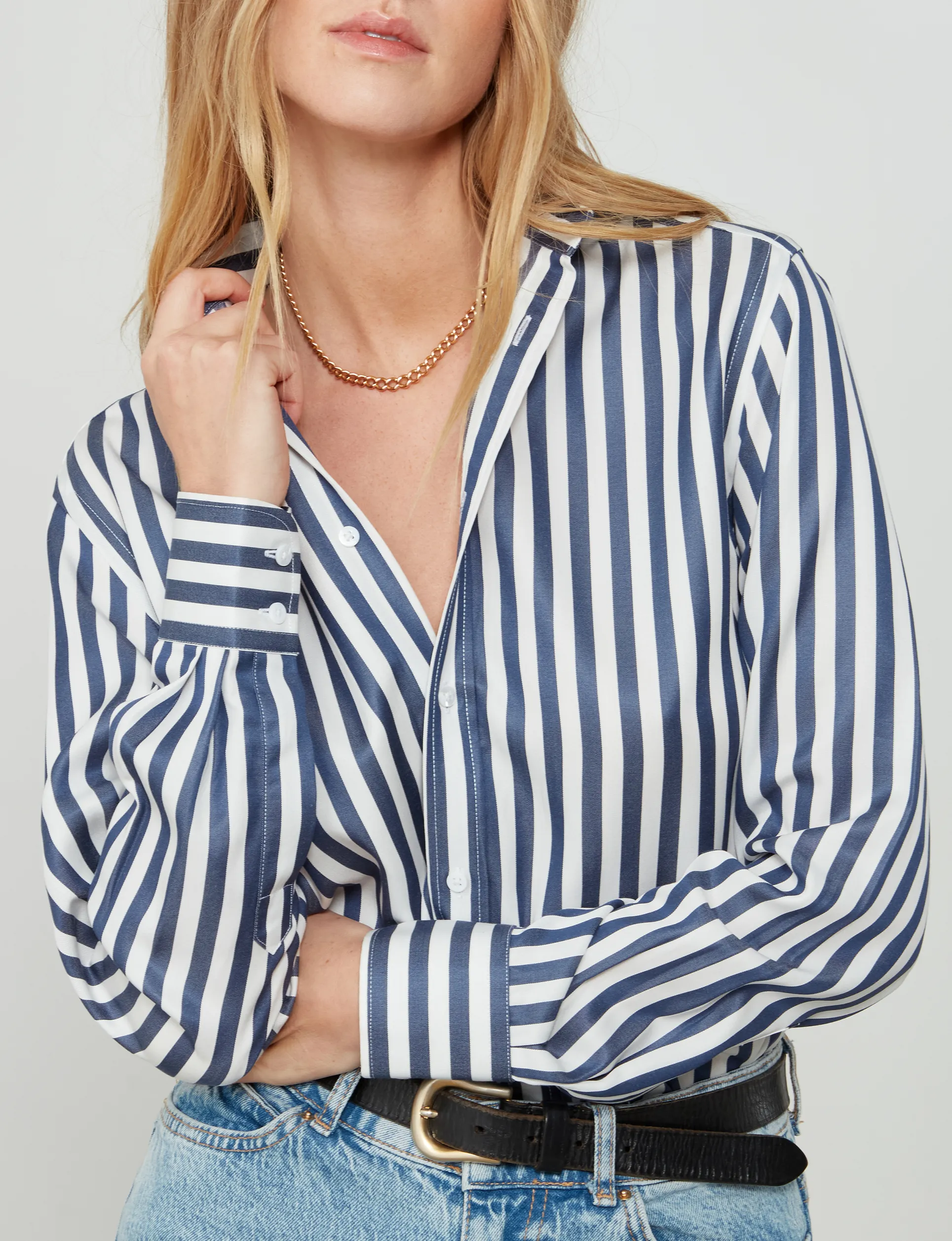 The Boyfriend: Tencel, Navy Blue Stripe