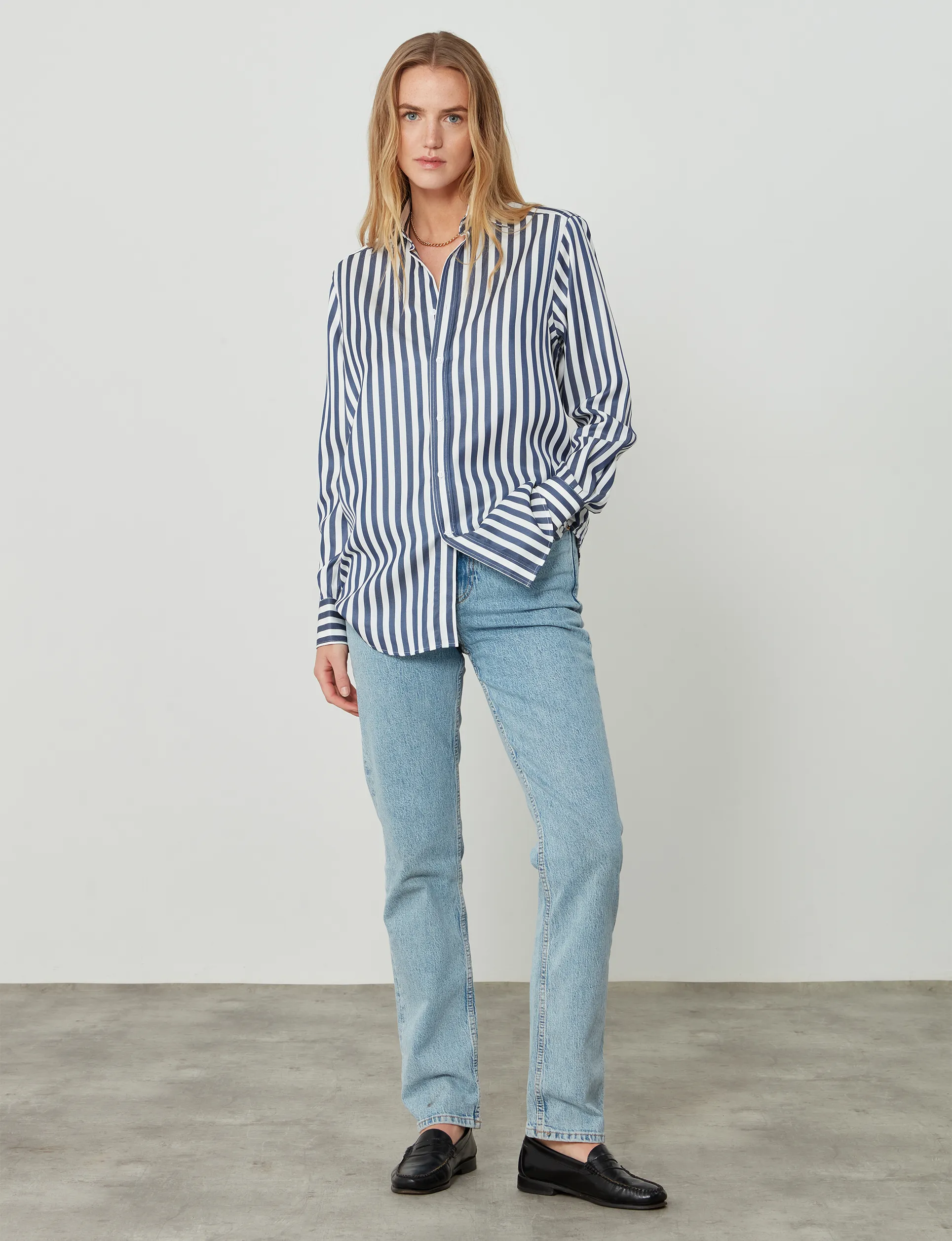 The Boyfriend: Tencel, Navy Blue Stripe