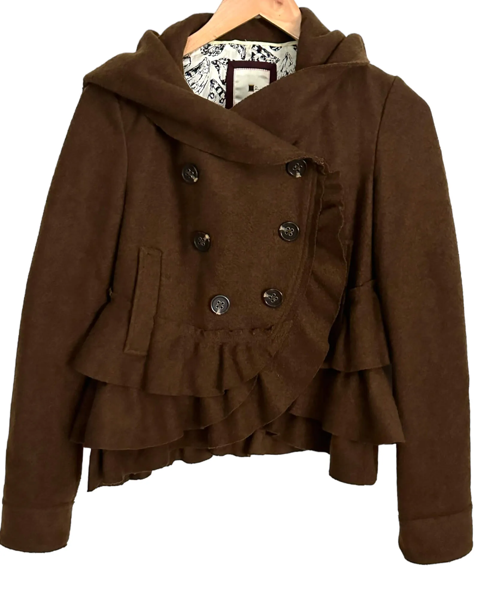 Warm Autumn Brown Wool Ruffle Pea Coat