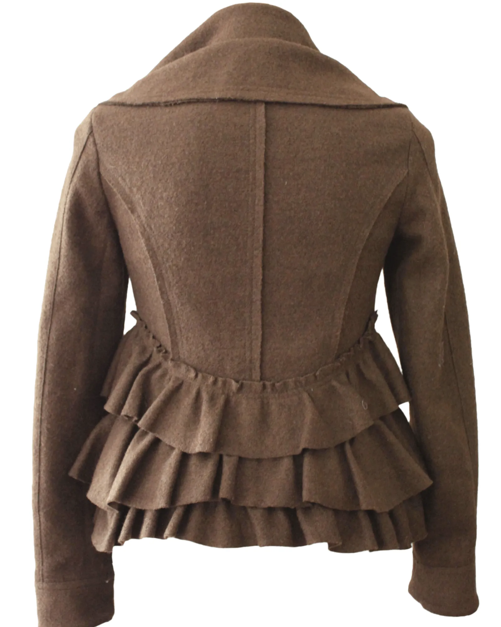 Warm Autumn Brown Wool Ruffle Pea Coat