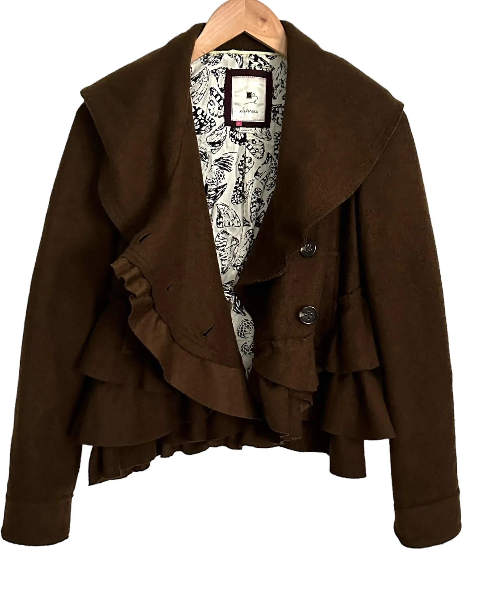 Warm Autumn Brown Wool Ruffle Pea Coat