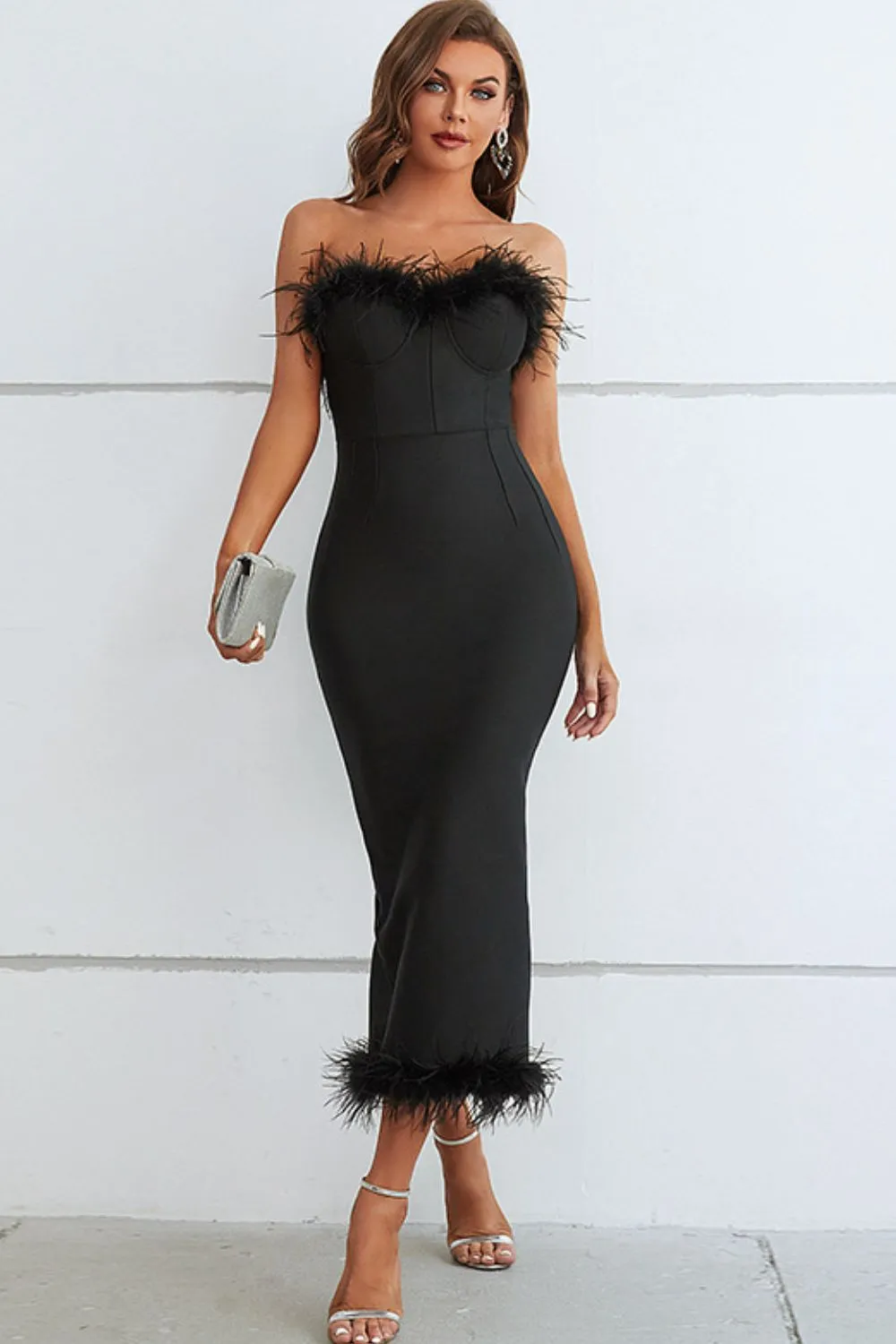 Wedding Guests / Feather Trim Strapless Sweetheart Neck Dress