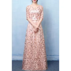 Women Round Neck Sequin Leaves Embroidery Bride Toast Dress -KMWDC3373