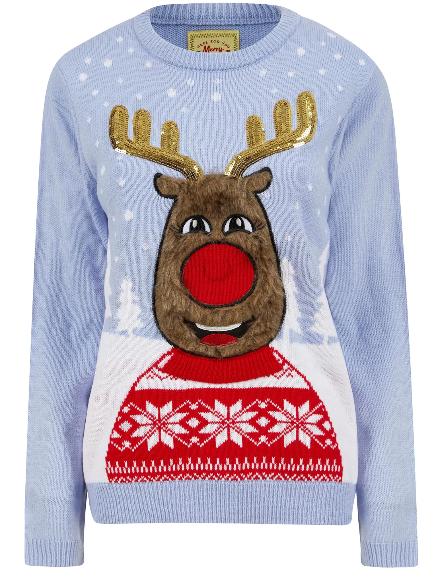 Women's Happy Vixen Motif LED Light Up Novelty Christmas Jumper in Powder Blue - Merry Christmas