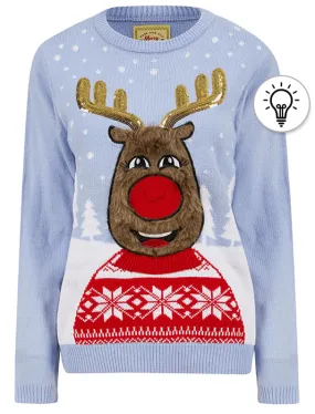 Women's Happy Vixen Motif LED Light Up Novelty Christmas Jumper in Powder Blue - Merry Christmas