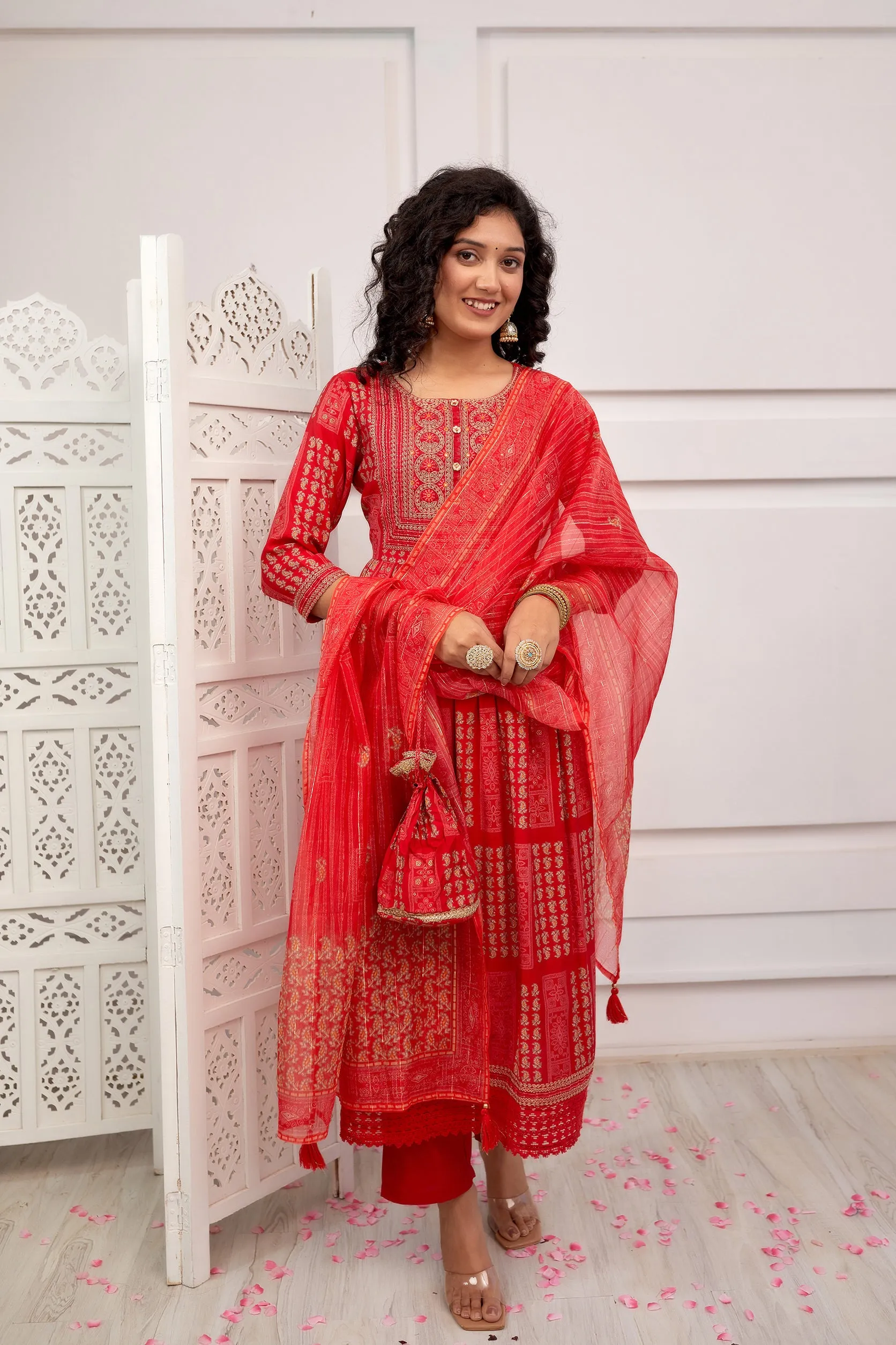 Women's Muslin Red A-Line Kurta, Pant & Dupatta With Fancy Potli Set