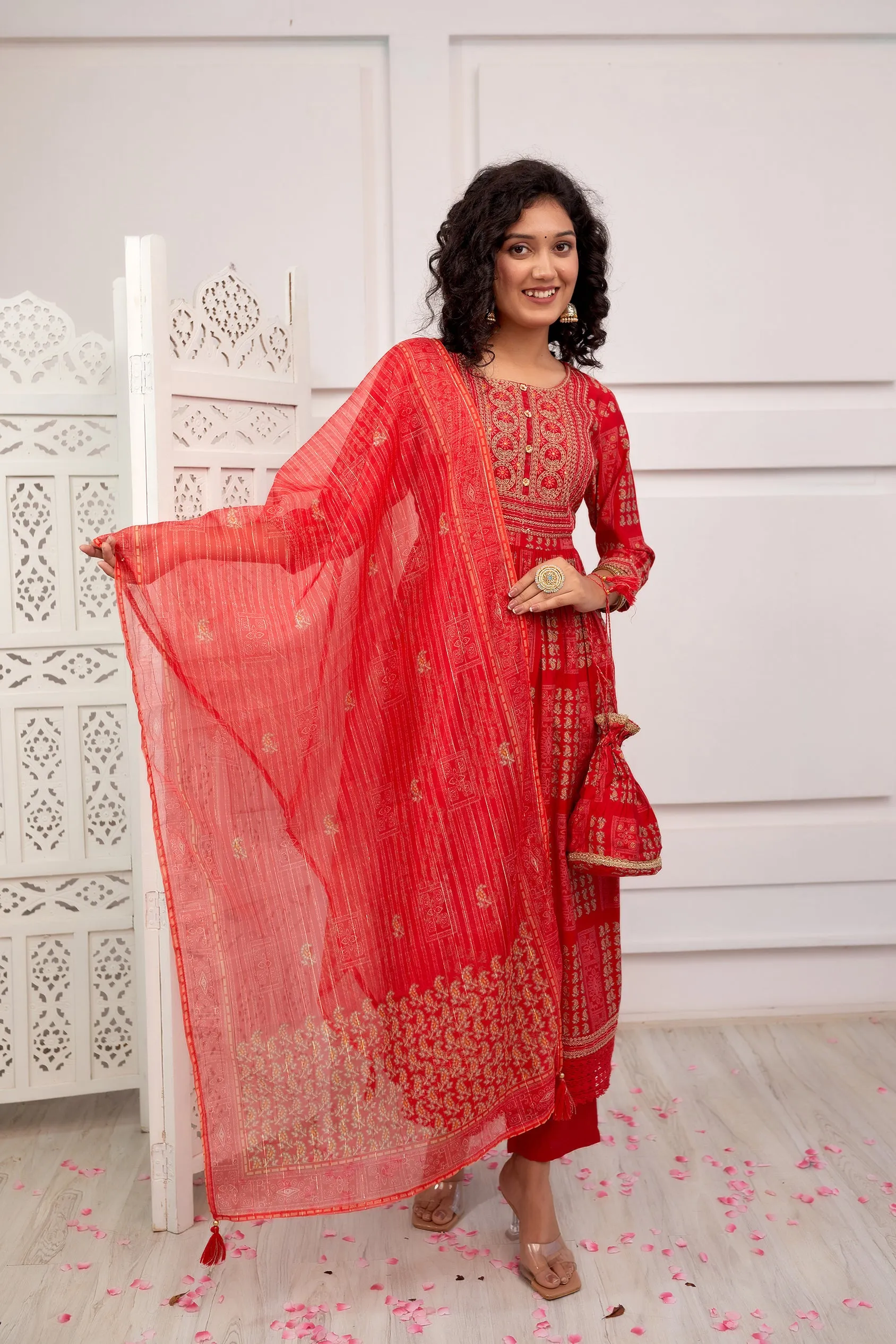 Women's Muslin Red A-Line Kurta, Pant & Dupatta With Fancy Potli Set