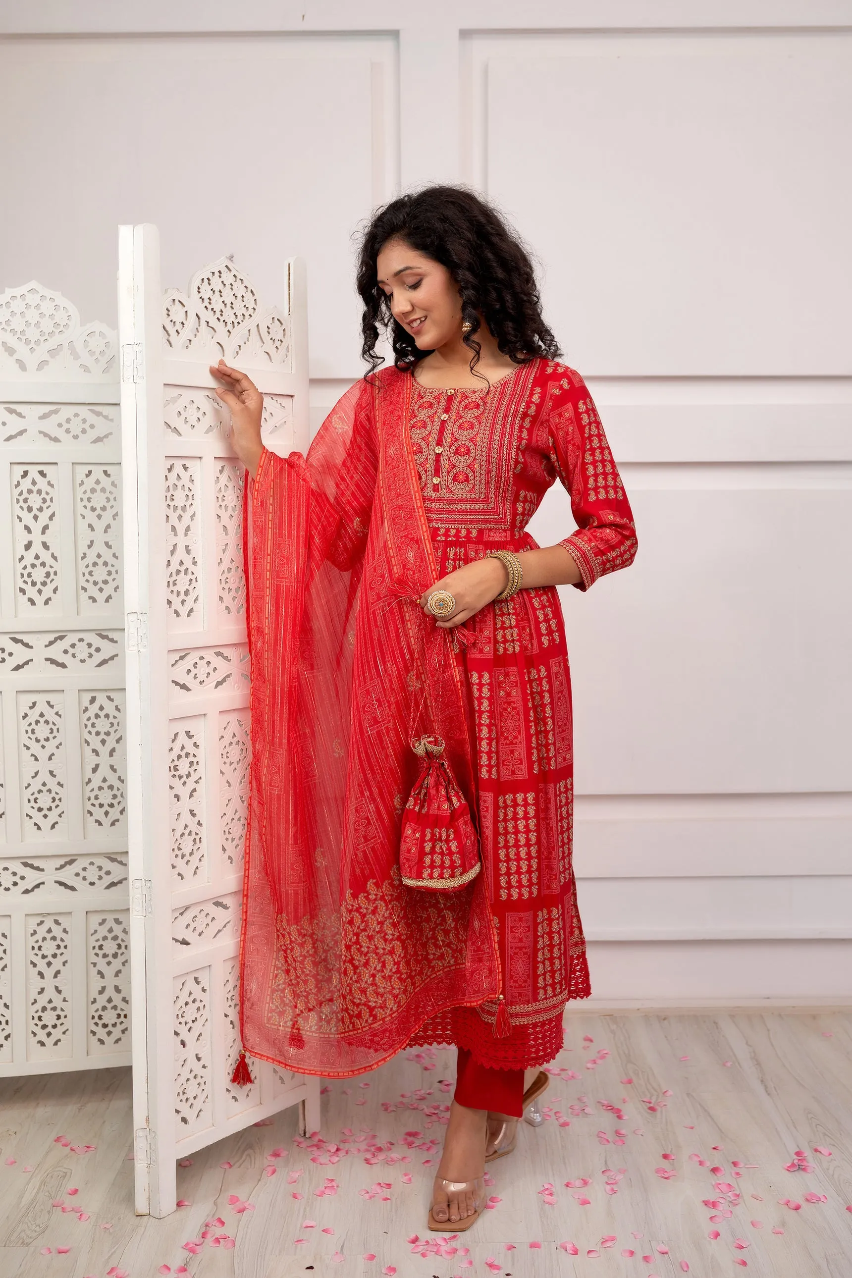 Women's Muslin Red A-Line Kurta, Pant & Dupatta With Fancy Potli Set