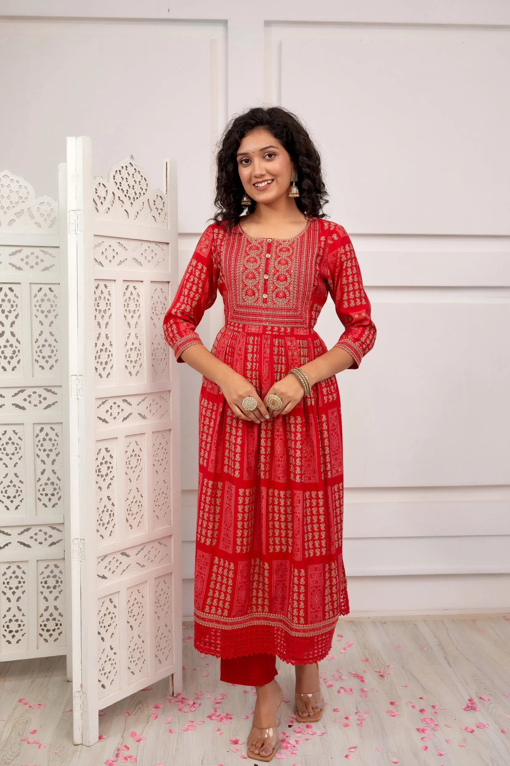 Women's Muslin Red A-Line Kurta, Pant & Dupatta With Fancy Potli Set