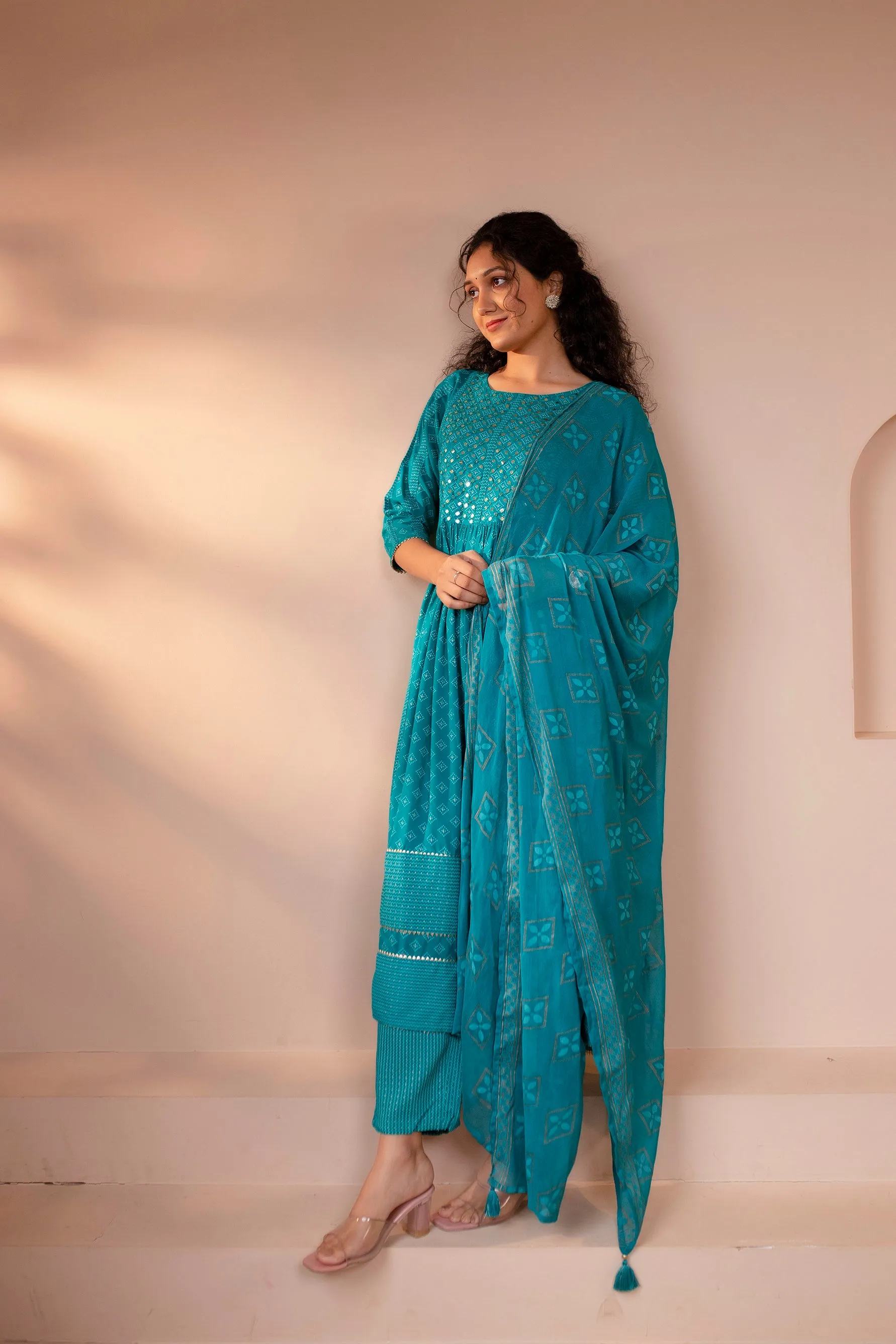 Women's Rayon Turquoise Nyara Cut A-Line Ethnic Set