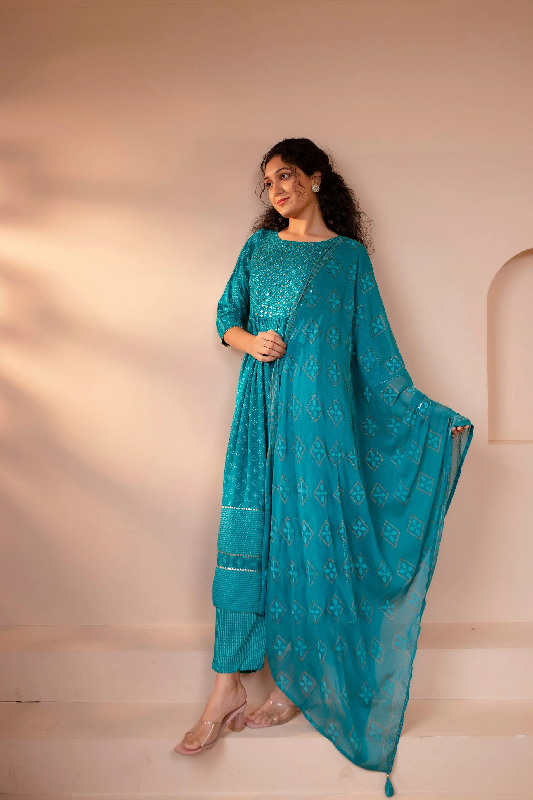 Women's Rayon Turquoise Nyara Cut A-Line Ethnic Set