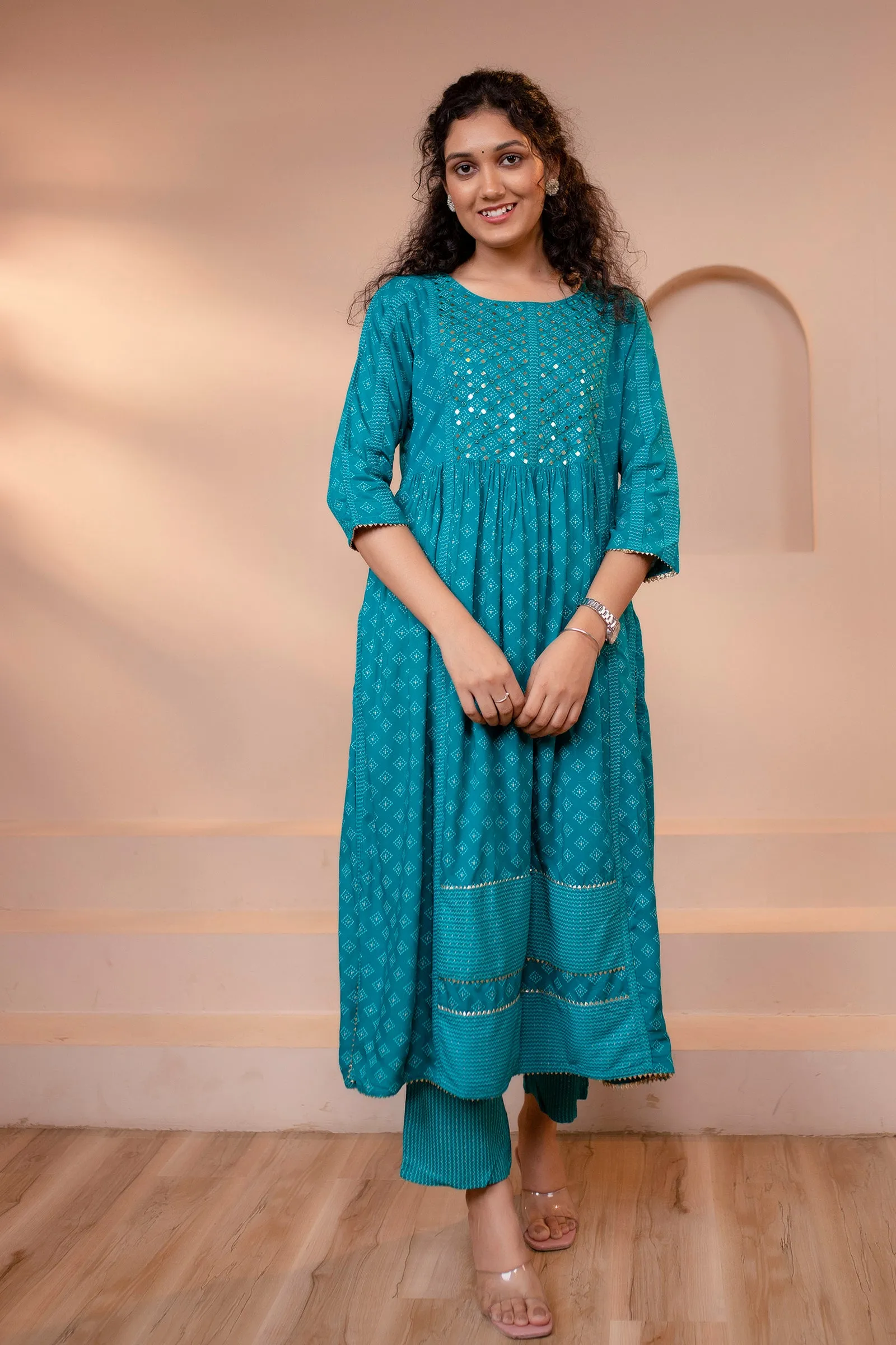 Women's Rayon Turquoise Nyara Cut A-Line Ethnic Set