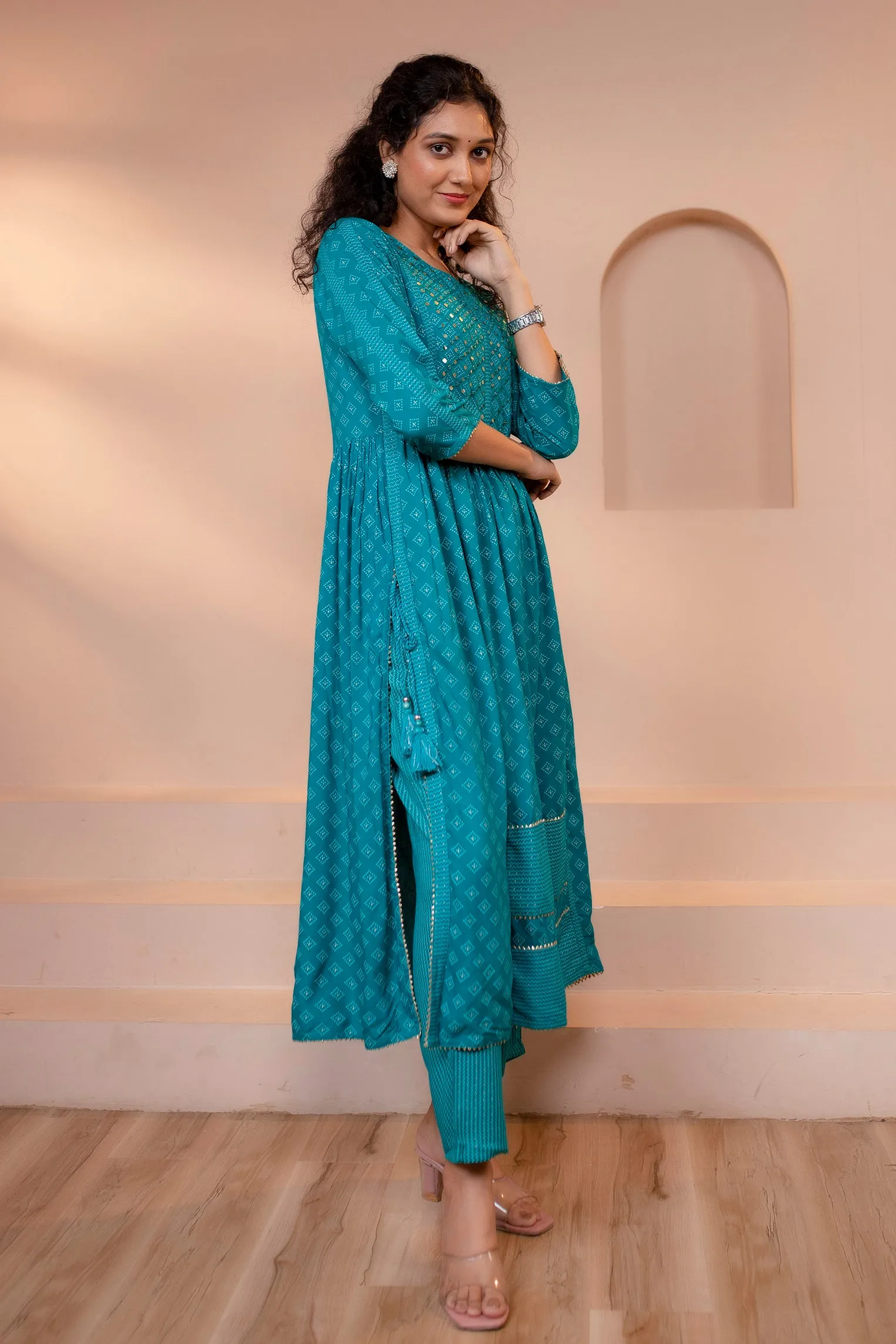 Women's Rayon Turquoise Nyara Cut A-Line Ethnic Set