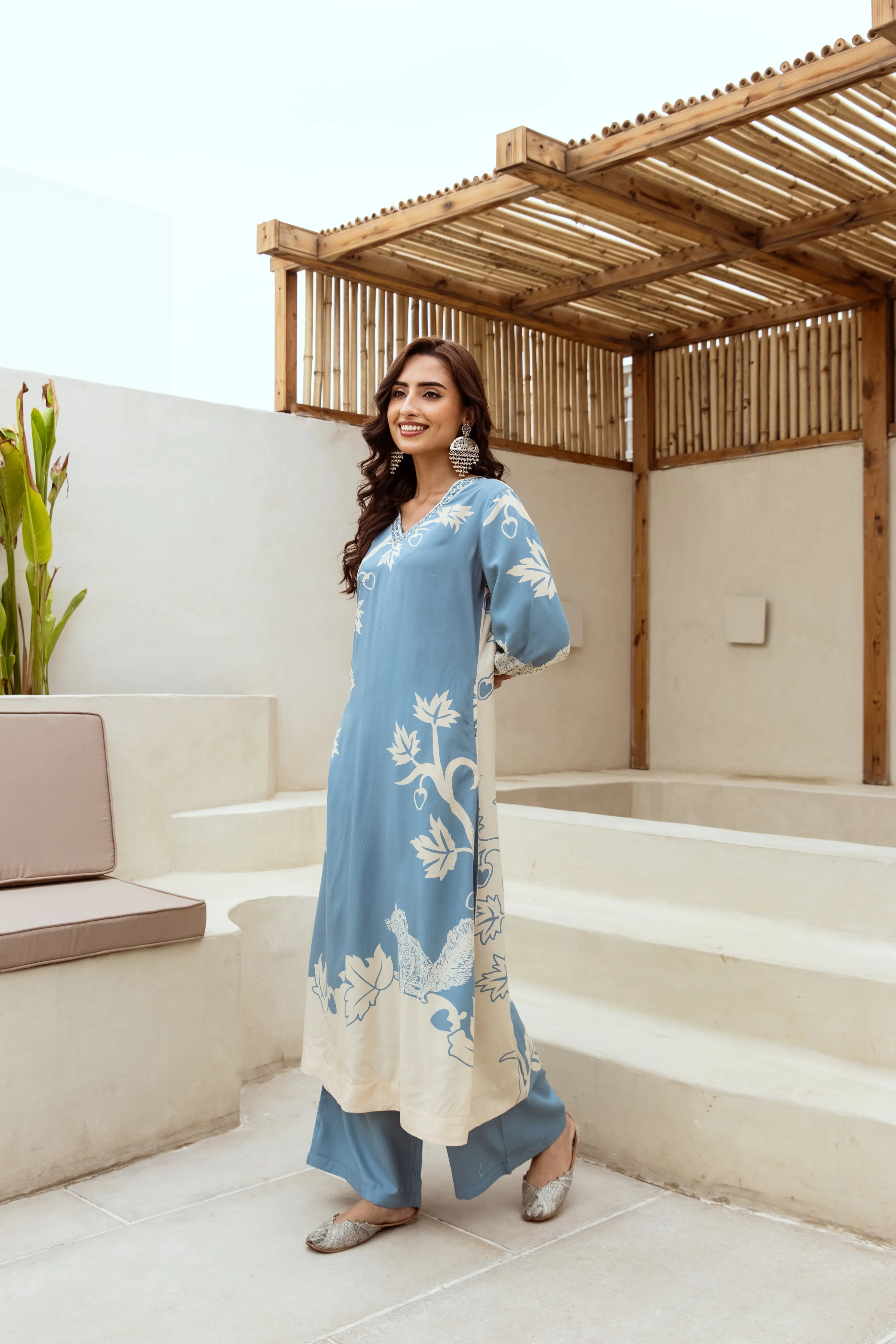 Women's Sky Blue German rayon Kurta Palazzo Set